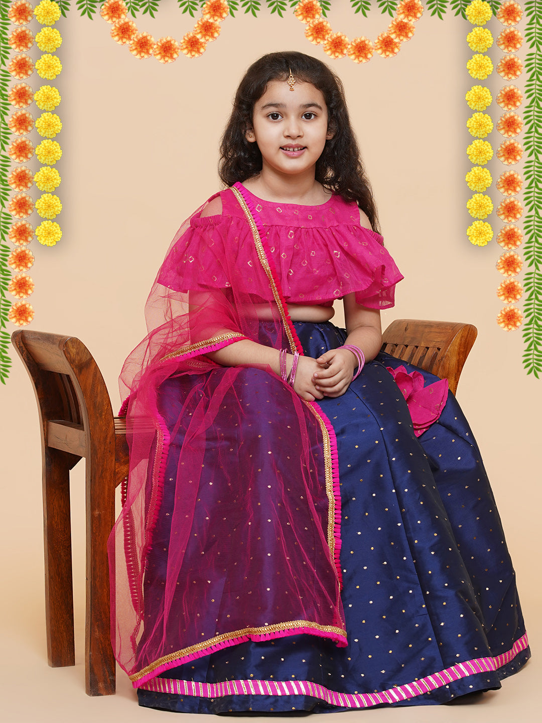 Girls Printed Foil Print Ready to Wear Lehenga & Blouse With Dupatta for Kids - Bhama - Distacart