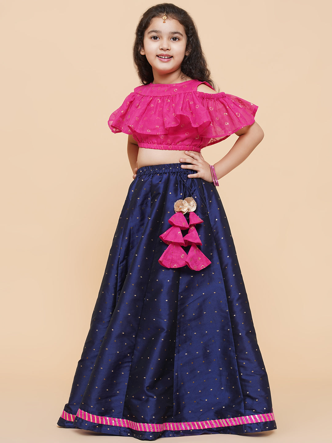 Girls Printed Foil Print Ready to Wear Lehenga & Blouse With Dupatta for Kids - Bhama - Distacart