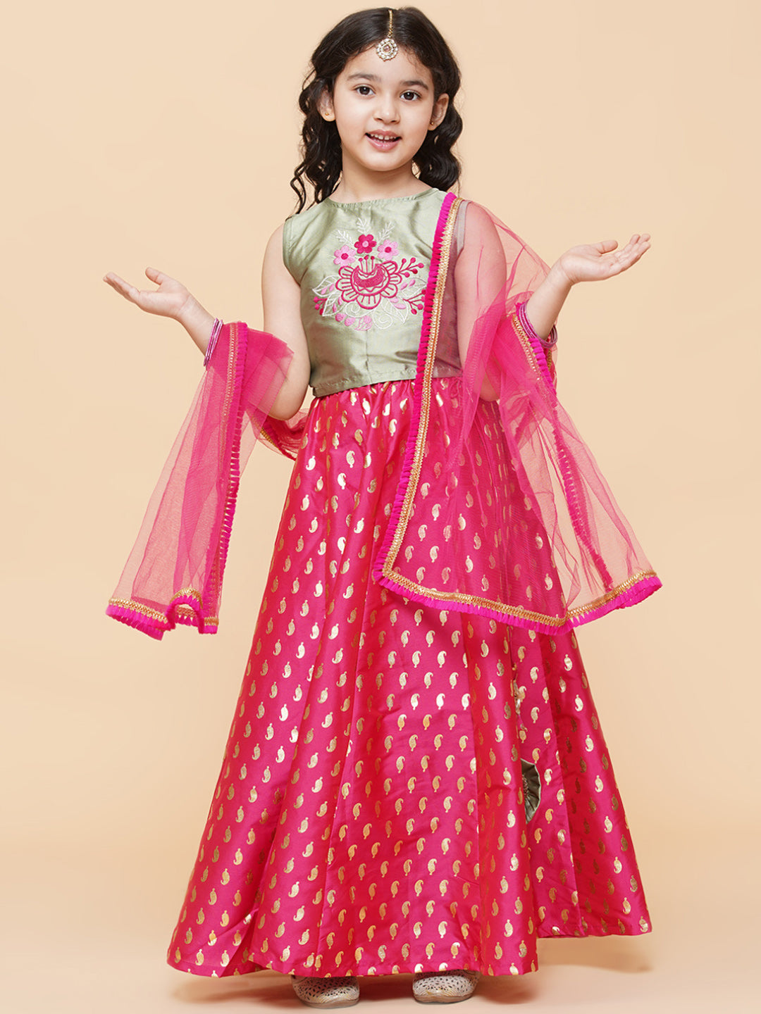 Girls Green & Pink Embroidered Foil Print Ready to Wear Lehenga Choli for Kids - Bhama - Distacart