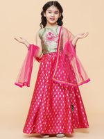 Thumbnail for Girls Green & Pink Embroidered Foil Print Ready to Wear Lehenga Choli for Kids - Bhama - Distacart