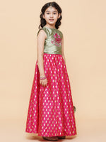 Thumbnail for Girls Green & Pink Embroidered Foil Print Ready to Wear Lehenga Choli for Kids - Bhama - Distacart