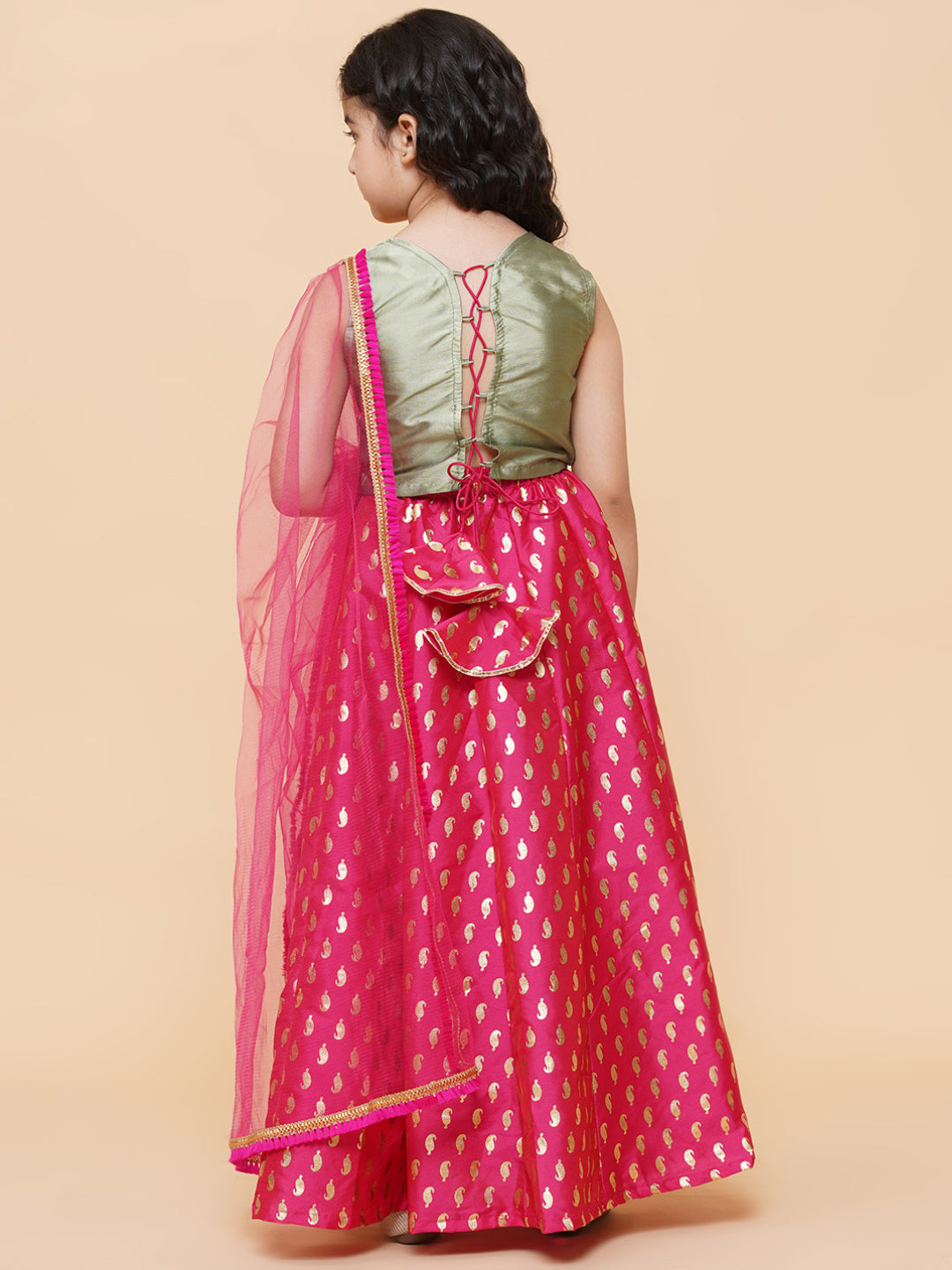 Girls Green & Pink Embroidered Foil Print Ready to Wear Lehenga Choli for Kids - Bhama - Distacart