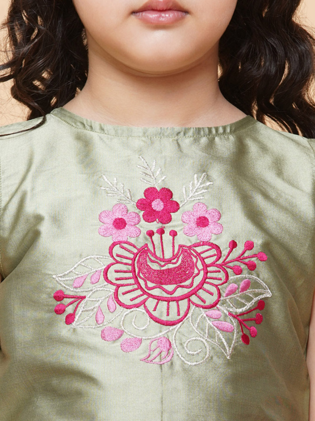 Girls Green & Pink Embroidered Foil Print Ready to Wear Lehenga Choli for Kids - Bhama - Distacart