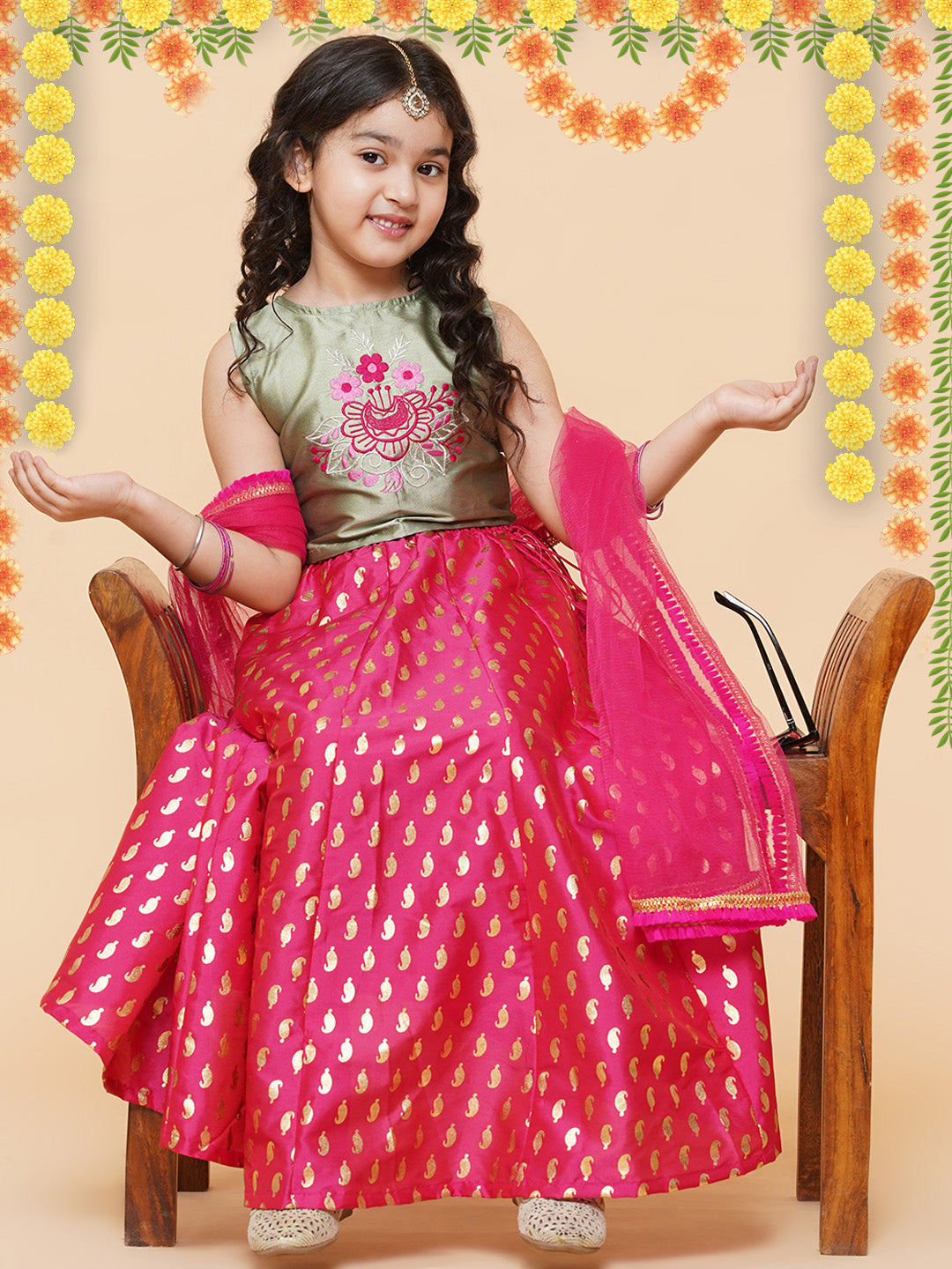 Girls Green & Pink Embroidered Foil Print Ready to Wear Lehenga Choli for Kids - Bhama - Distacart