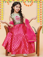 Thumbnail for Girls Green & Pink Embroidered Foil Print Ready to Wear Lehenga Choli for Kids - Bhama - Distacart