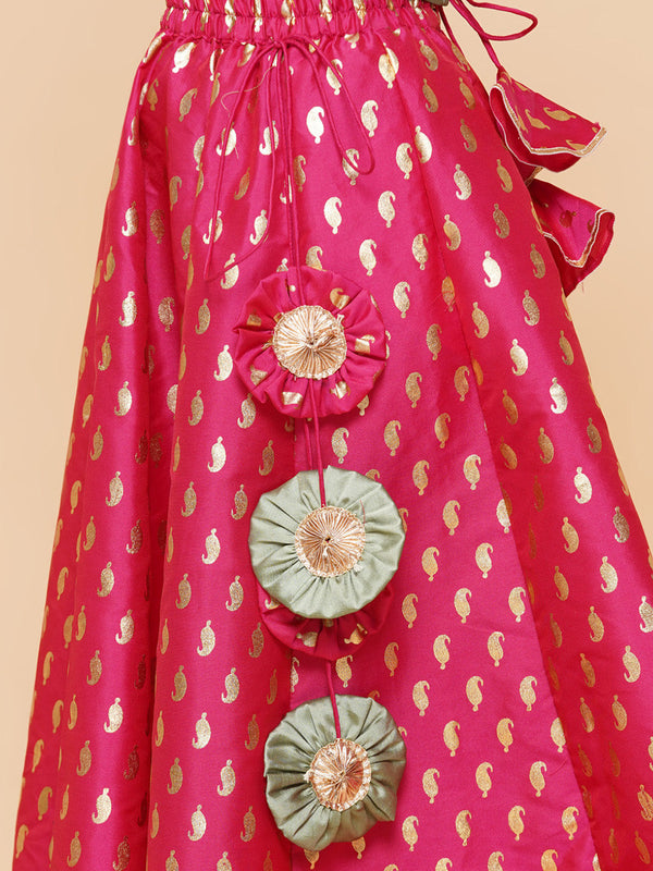 Girls Green & Pink Embroidered Foil Print Ready to Wear Lehenga Choli for Kids - Bhama - Distacart