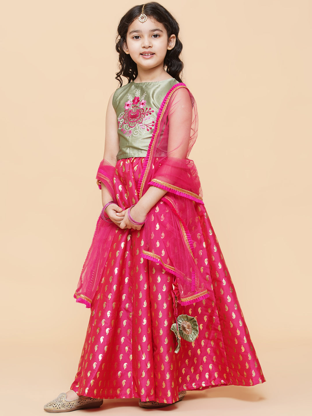 Girls Green & Pink Embroidered Foil Print Ready to Wear Lehenga Choli for Kids - Bhama - Distacart