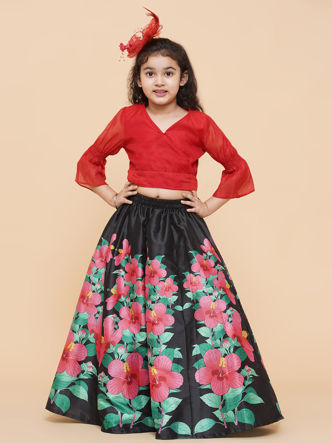 Girls Red & Black Printed Ready To Wear Lehenga & Blouse for Kids - Bhama - Distacart
