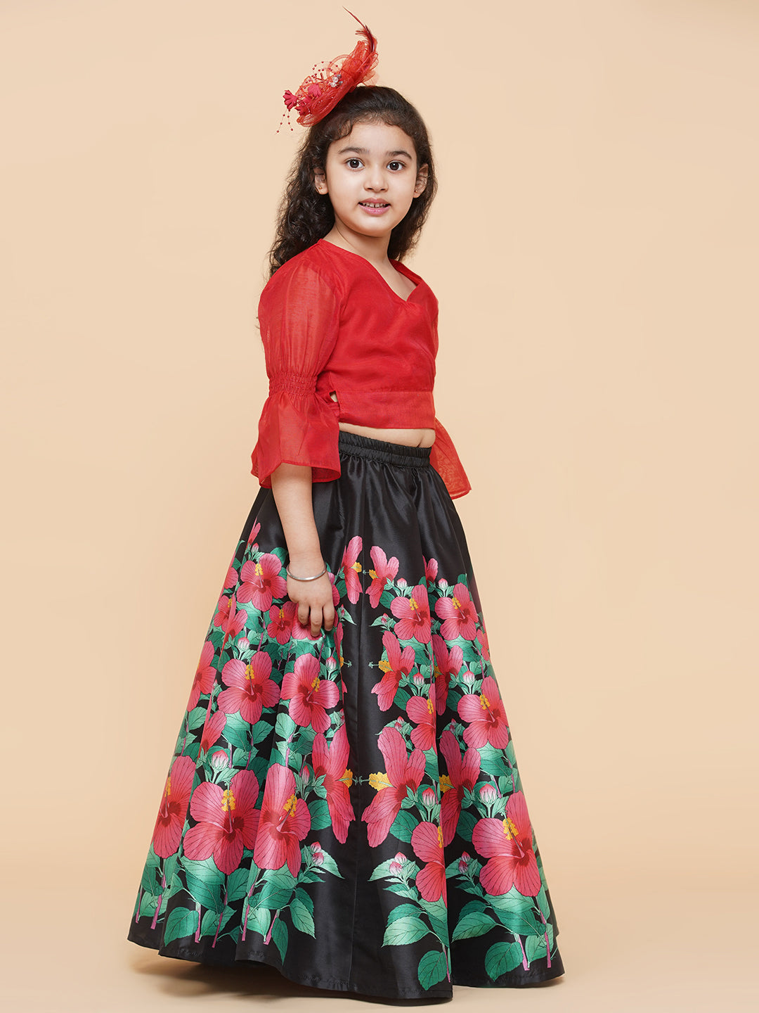 Girls Red & Black Printed Ready To Wear Lehenga & Blouse for Kids - Bhama - Distacart