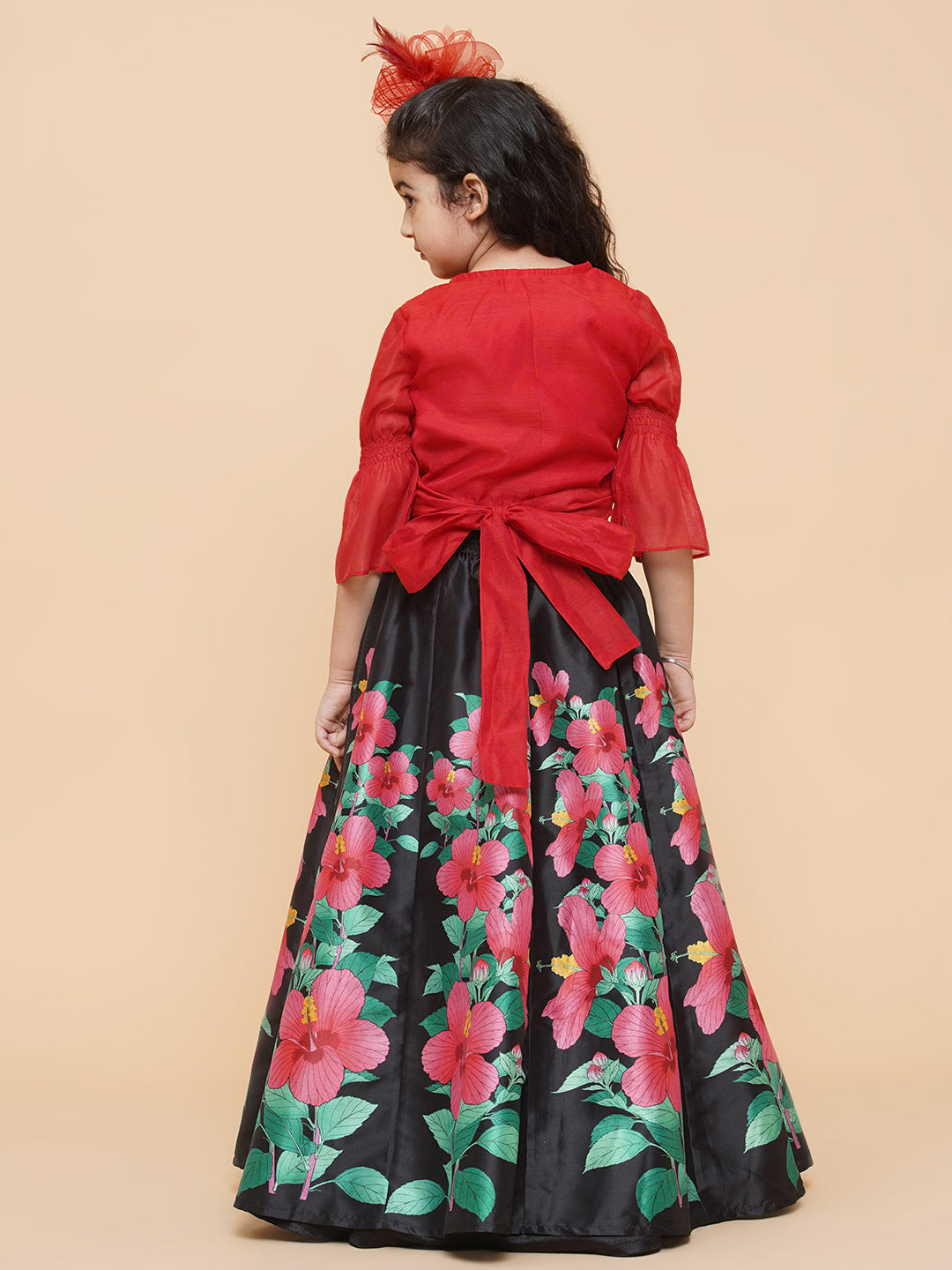 Girls Red & Black Printed Ready To Wear Lehenga & Blouse for Kids - Bhama - Distacart