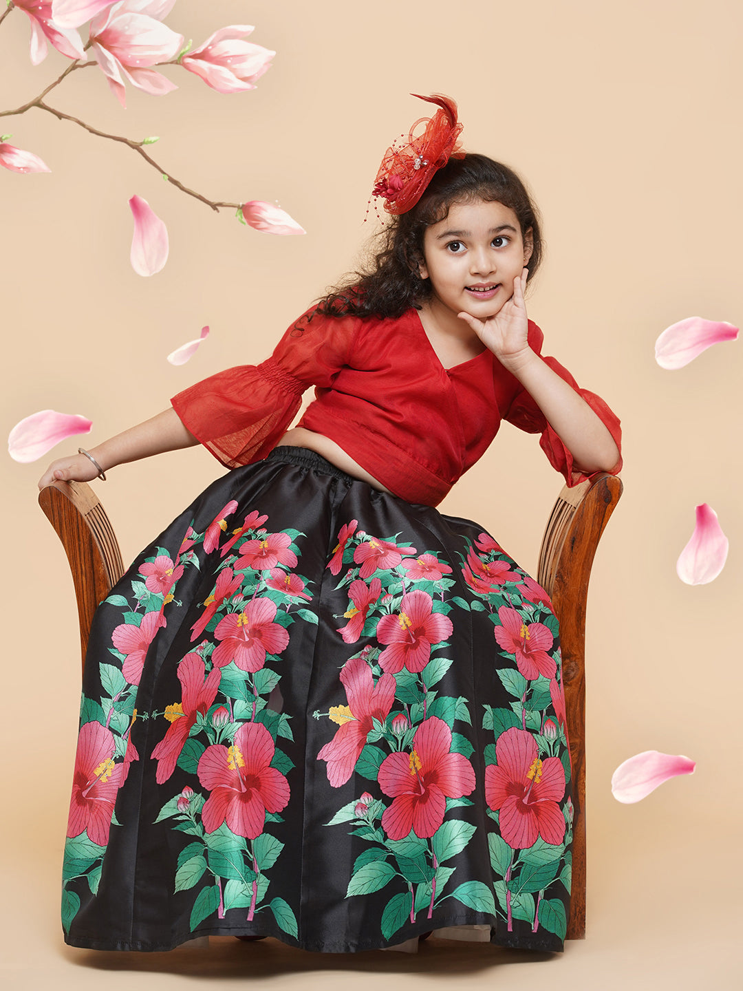 Girls Red & Black Printed Ready To Wear Lehenga & Blouse for Kids - Bhama - Distacart