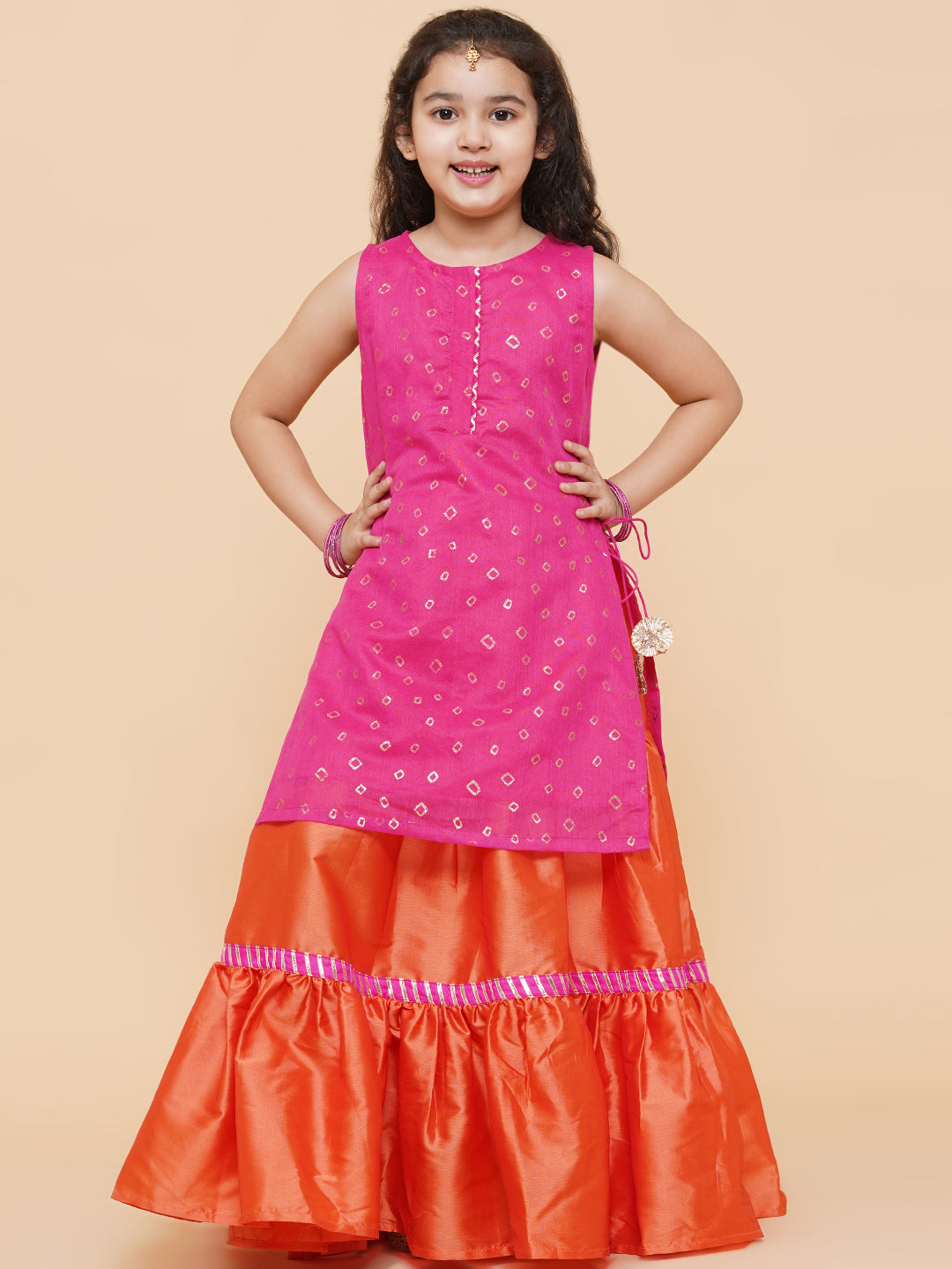 Girls Pink & Orange Printed Ready to Wear Lehenga Choli for Kids - Bhama - Distacart