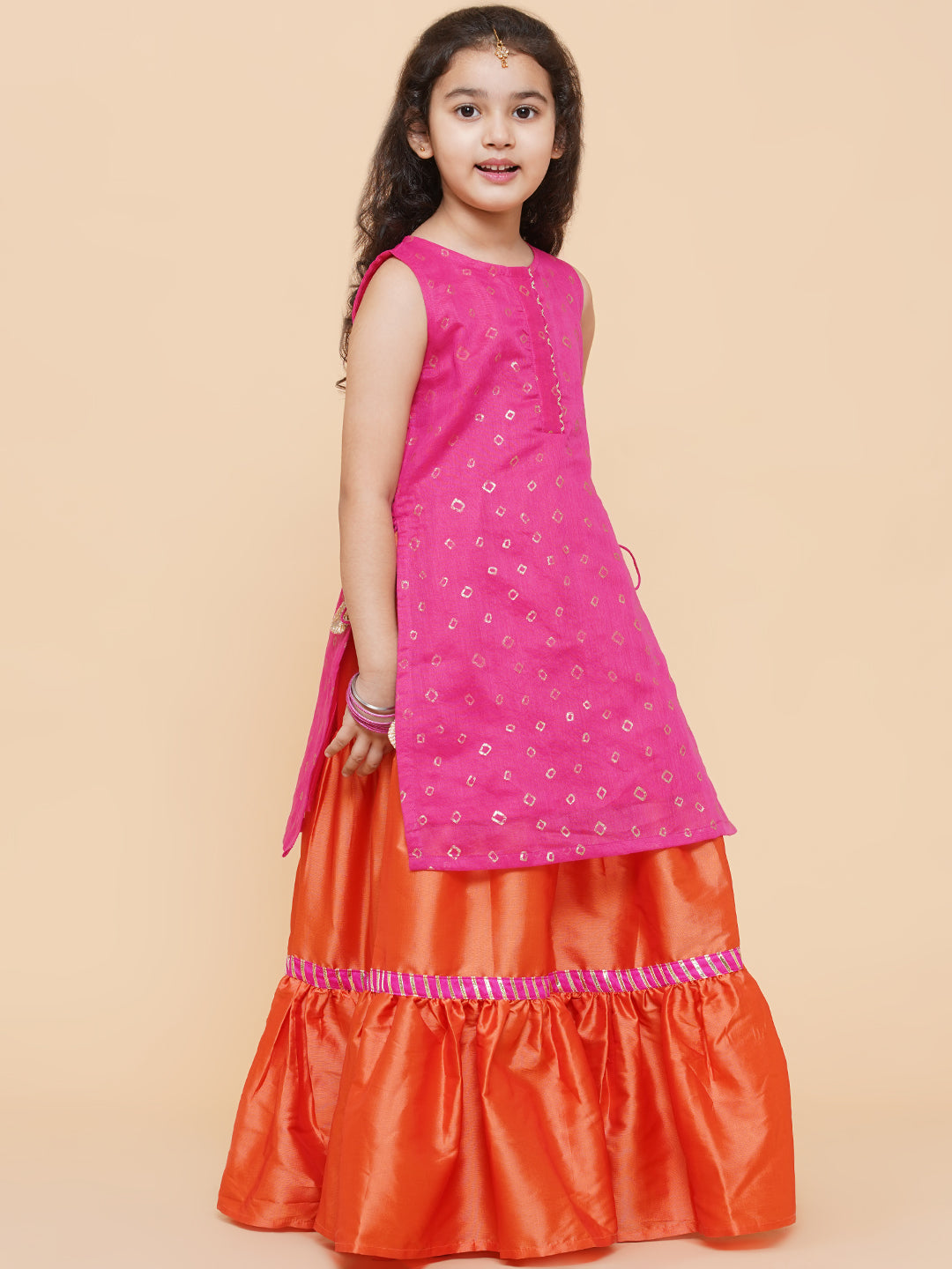Girls Pink & Orange Printed Ready to Wear Lehenga Choli for Kids - Bhama - Distacart