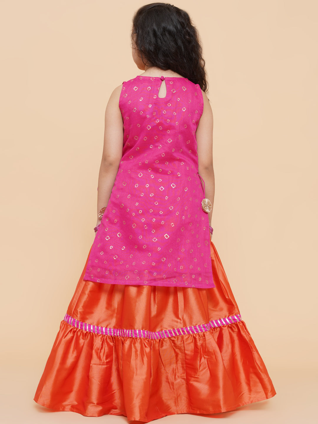 Girls Pink & Orange Printed Ready to Wear Lehenga Choli for Kids - Bhama - Distacart