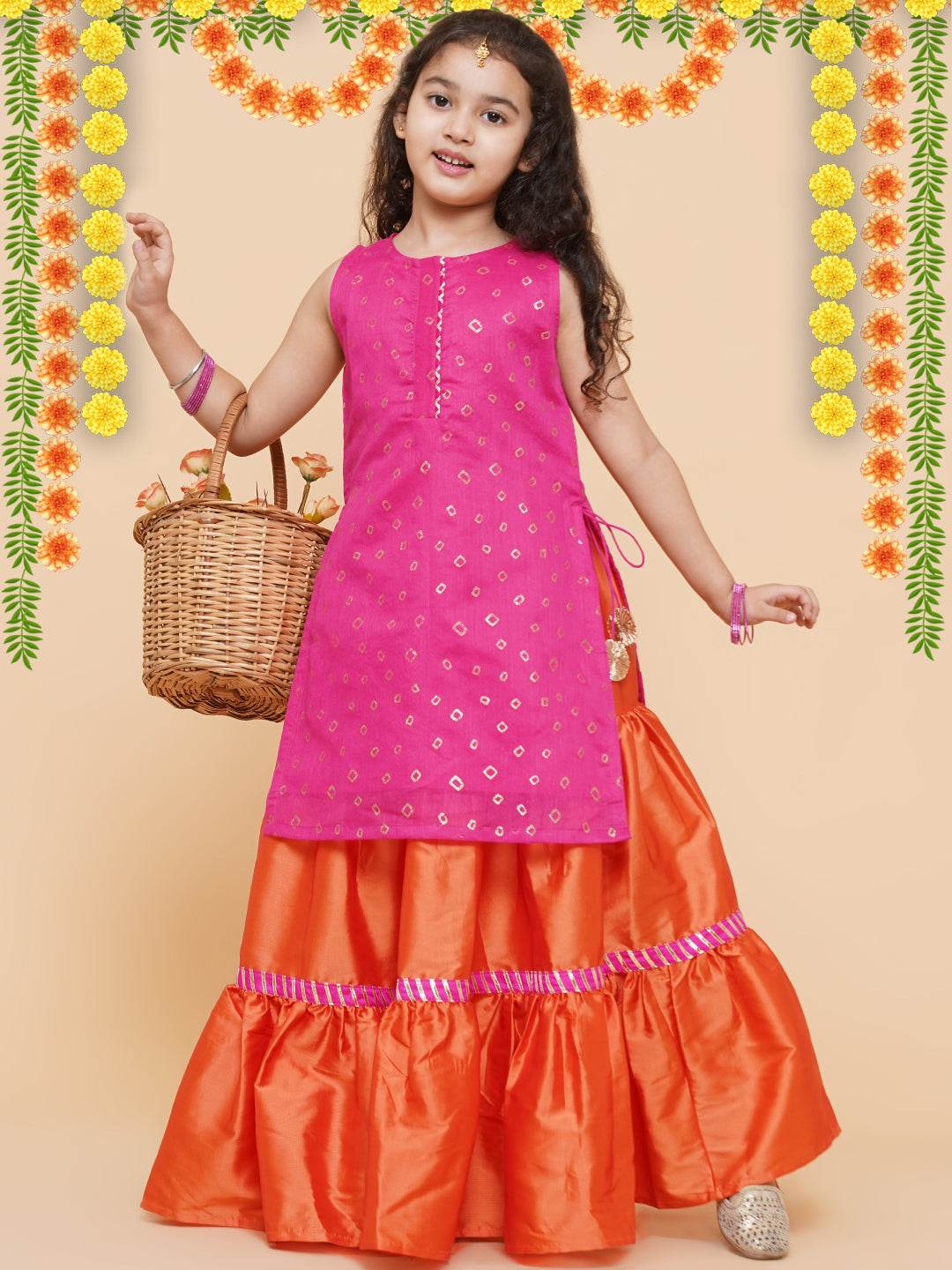 Girls Pink & Orange Printed Ready to Wear Lehenga Choli for Kids - Bhama - Distacart