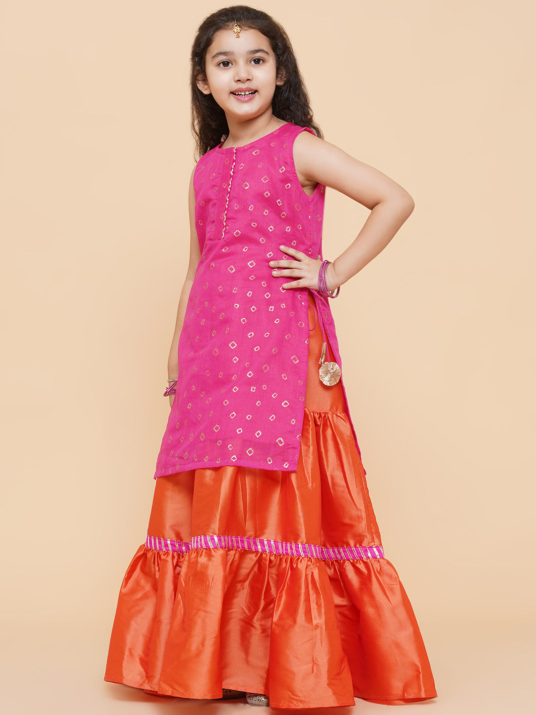 Girls Pink & Orange Printed Ready to Wear Lehenga Choli for Kids - Bhama - Distacart