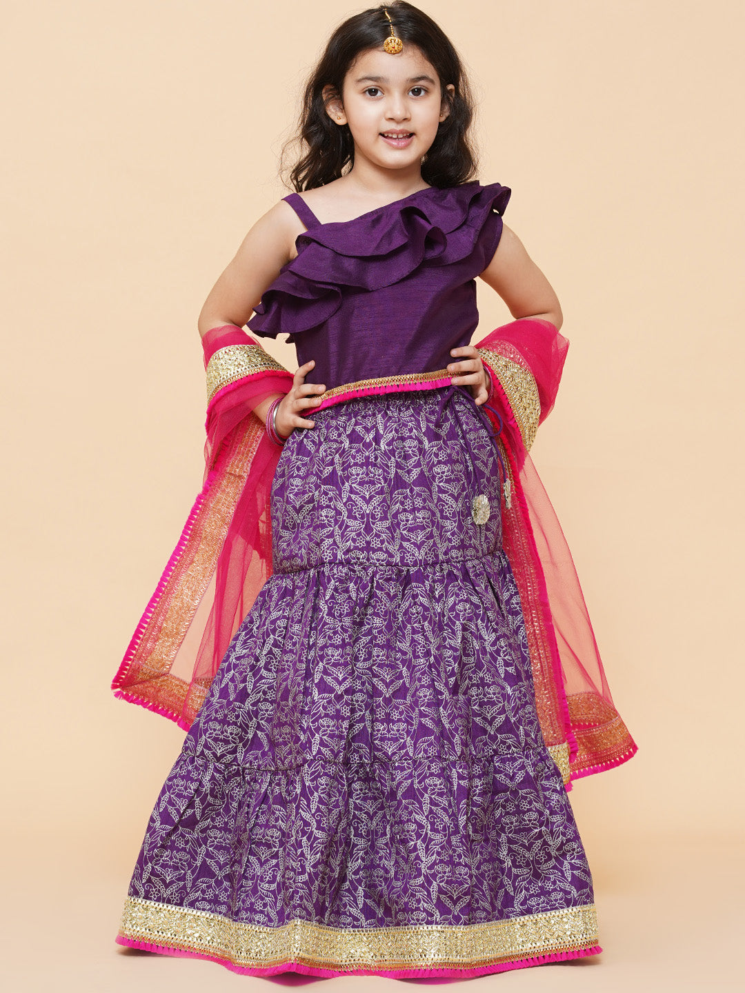 Girls Purple & Magenta Ready to Wear Lehenga & Blouse With Dupatta for Kids - Bhama - Distacart