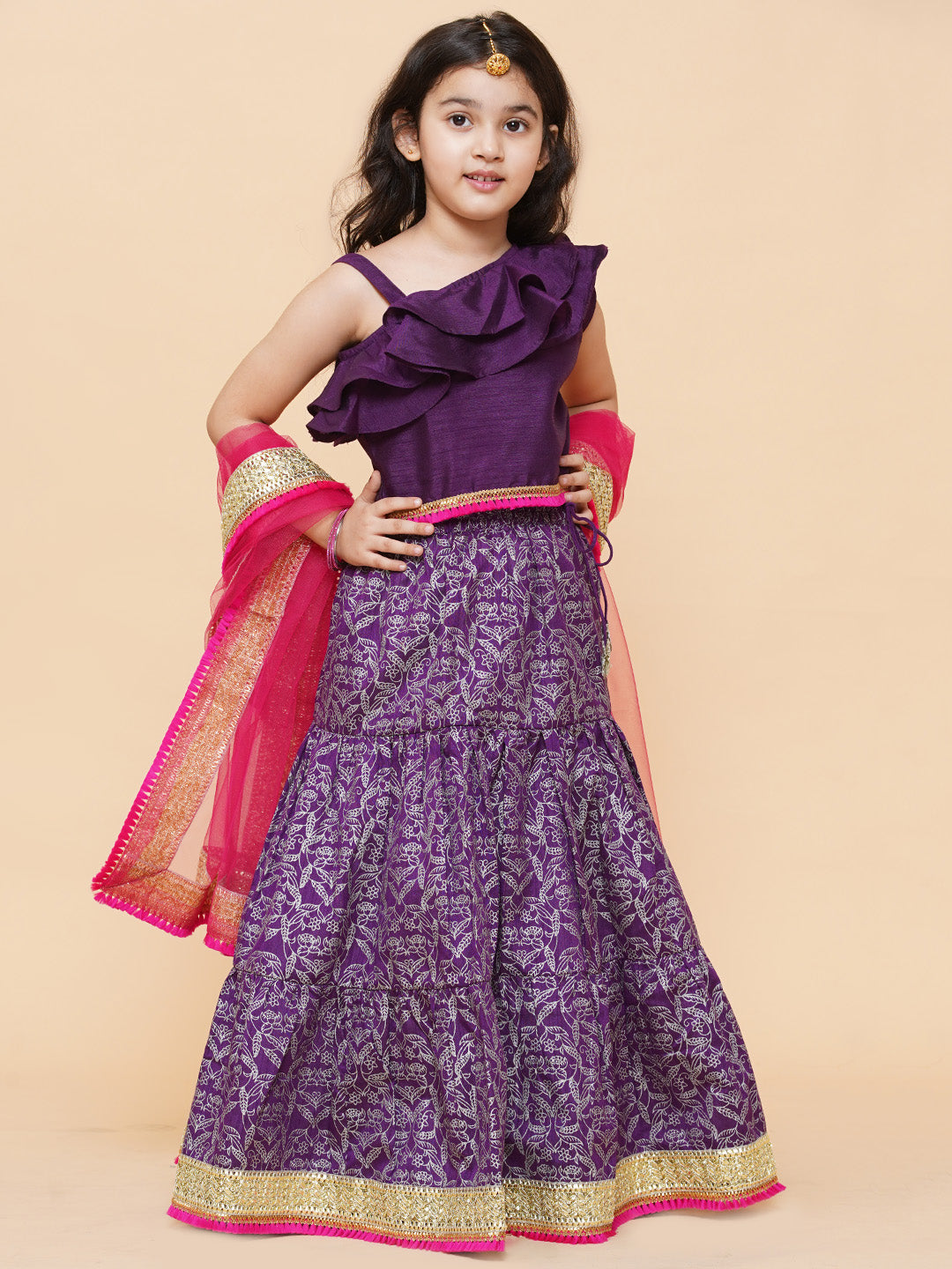Girls Purple & Magenta Ready to Wear Lehenga & Blouse With Dupatta for Kids - Bhama - Distacart