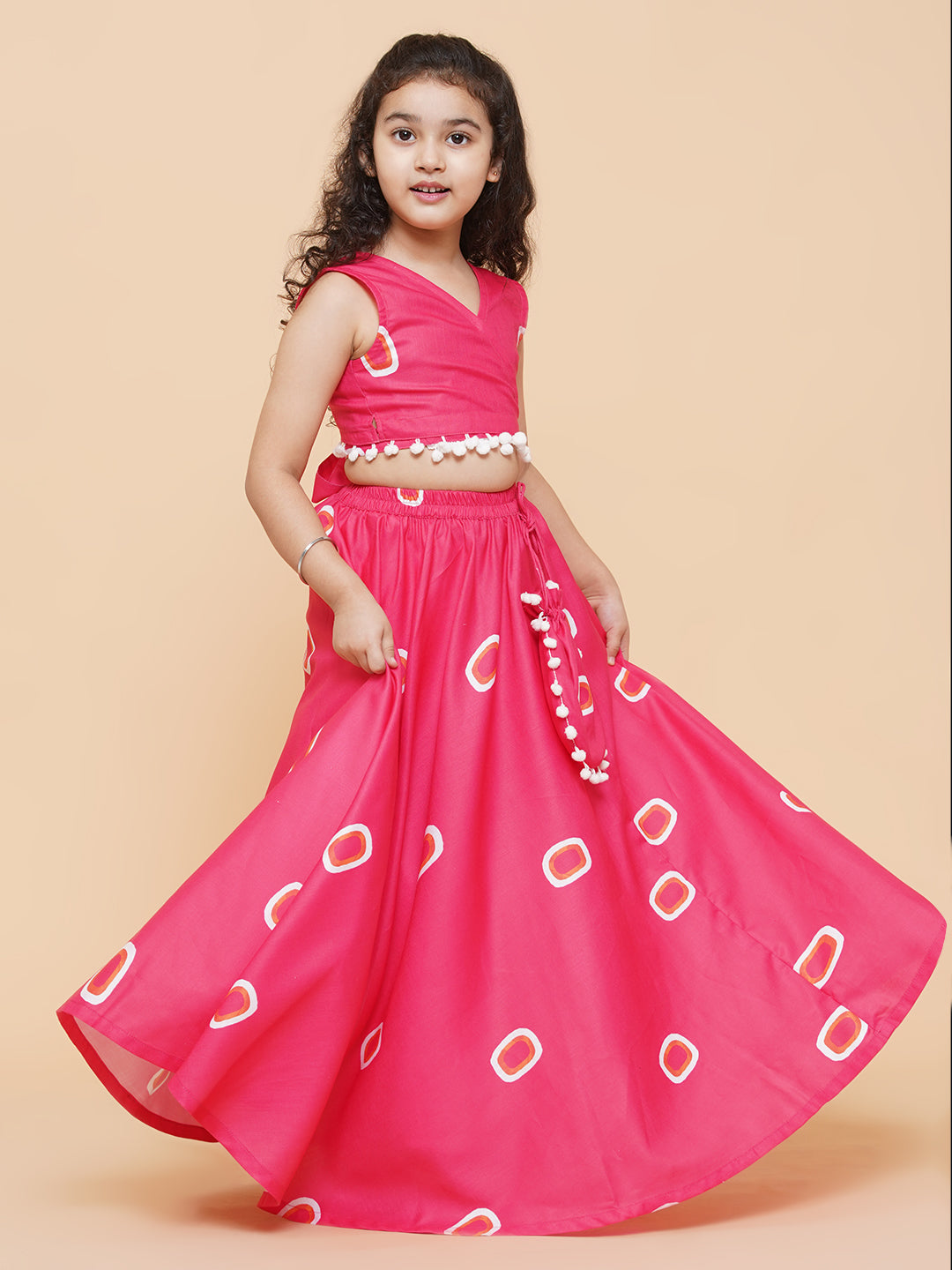 Girls Pink & Off White Printed Cotton Ready to Wear Lehenga for Kids - Bhama - Distacart