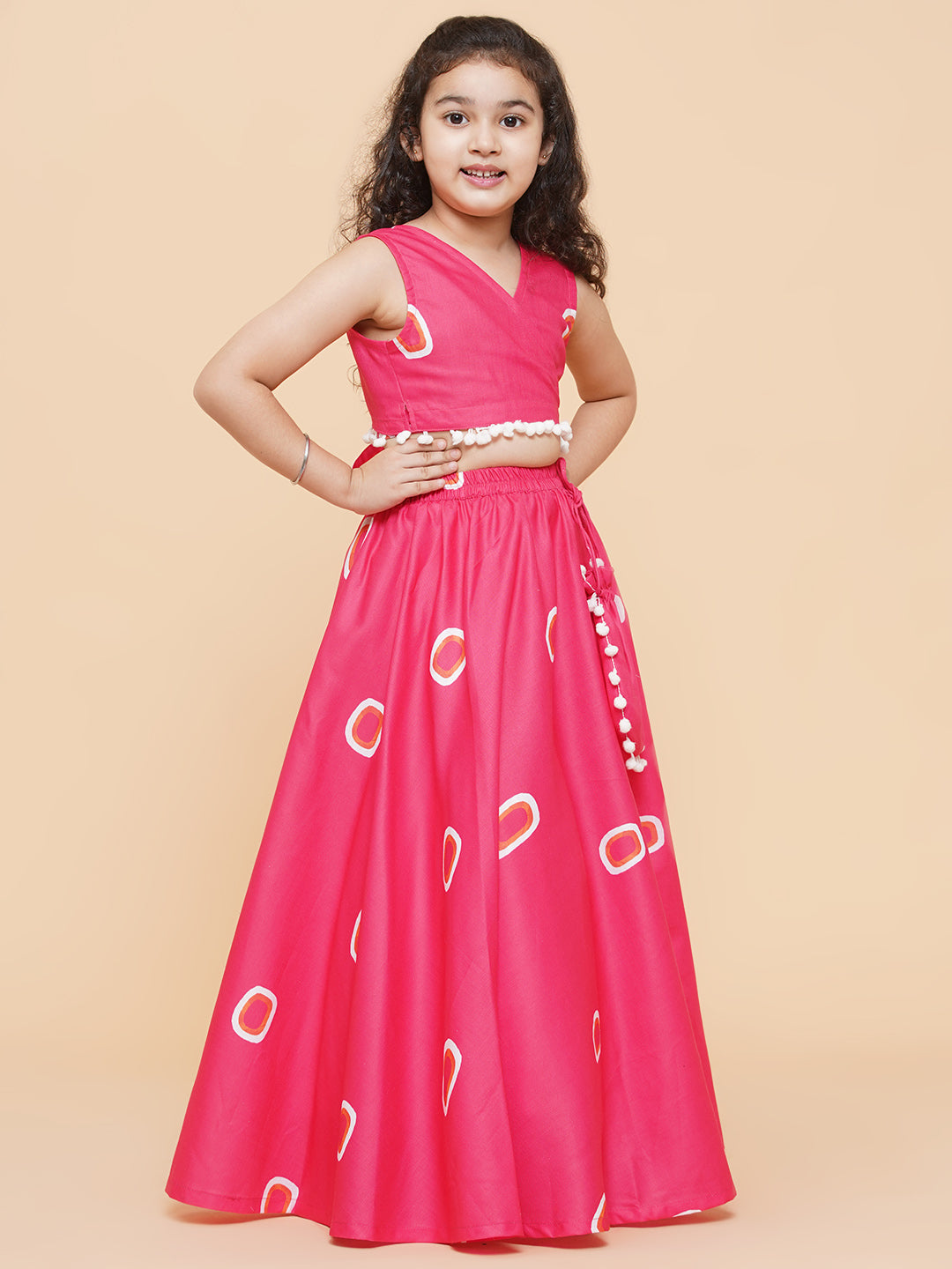 Girls Pink & Off White Printed Cotton Ready to Wear Lehenga for Kids - Bhama - Distacart