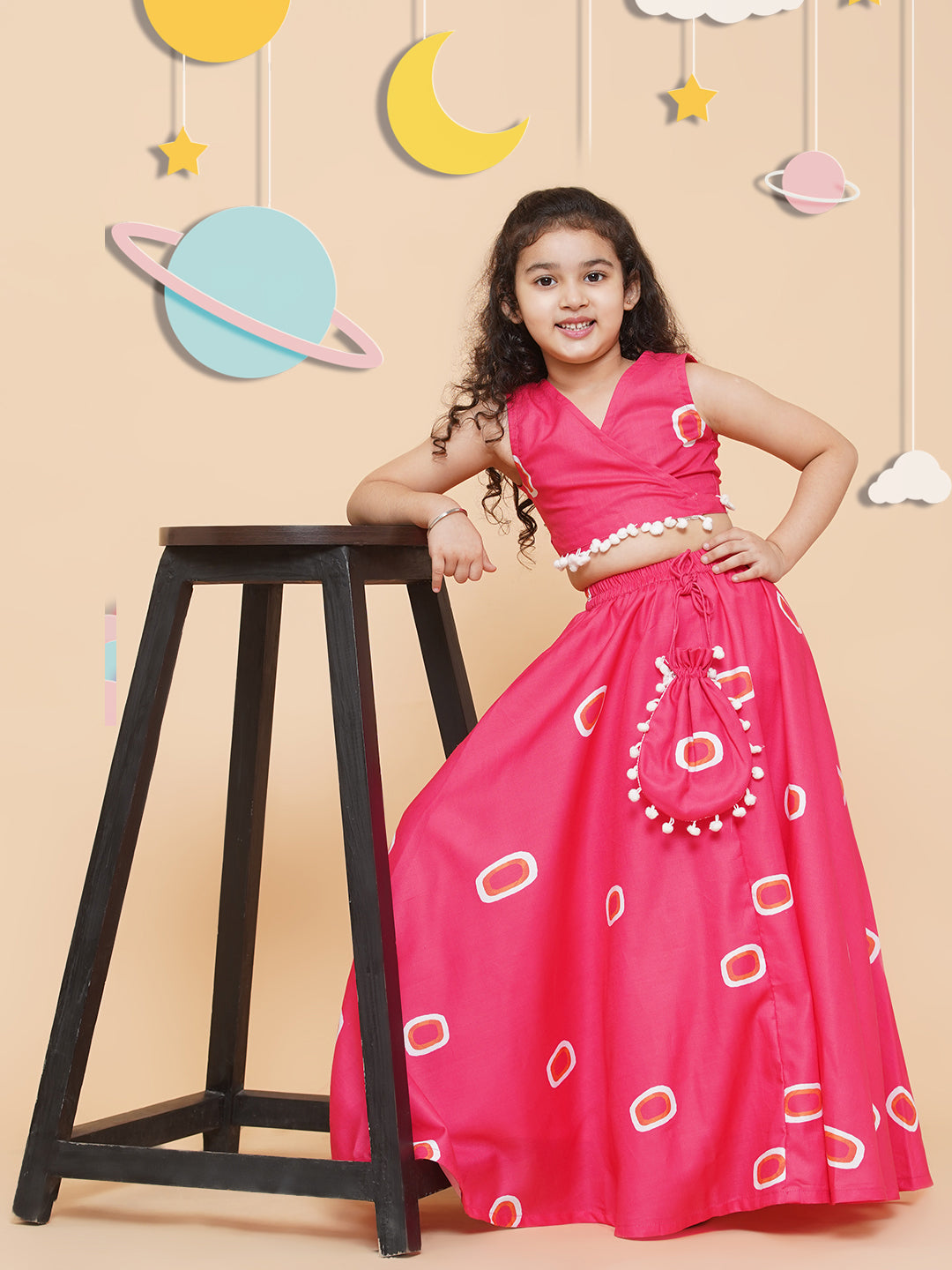 Girls Pink & Off White Printed Cotton Ready to Wear Lehenga for Kids - Bhama - Distacart