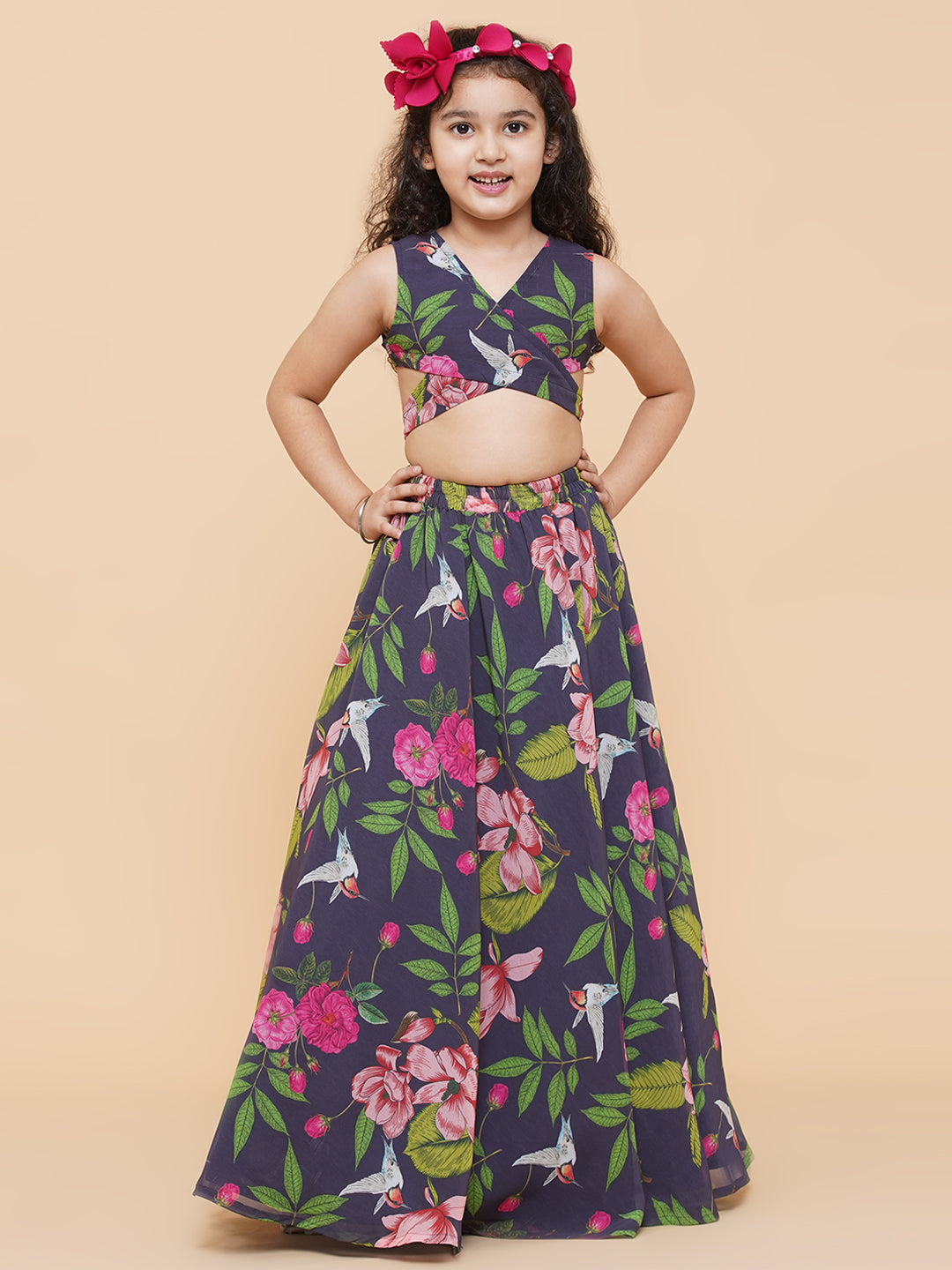 Girls Blue Flower Digital Print Ready To Wear Lehenga Choli for Kids - Bhama - Distacart