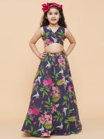 Thumbnail for Girls Blue Flower Digital Print Ready To Wear Lehenga Choli for Kids - Bhama - Distacart