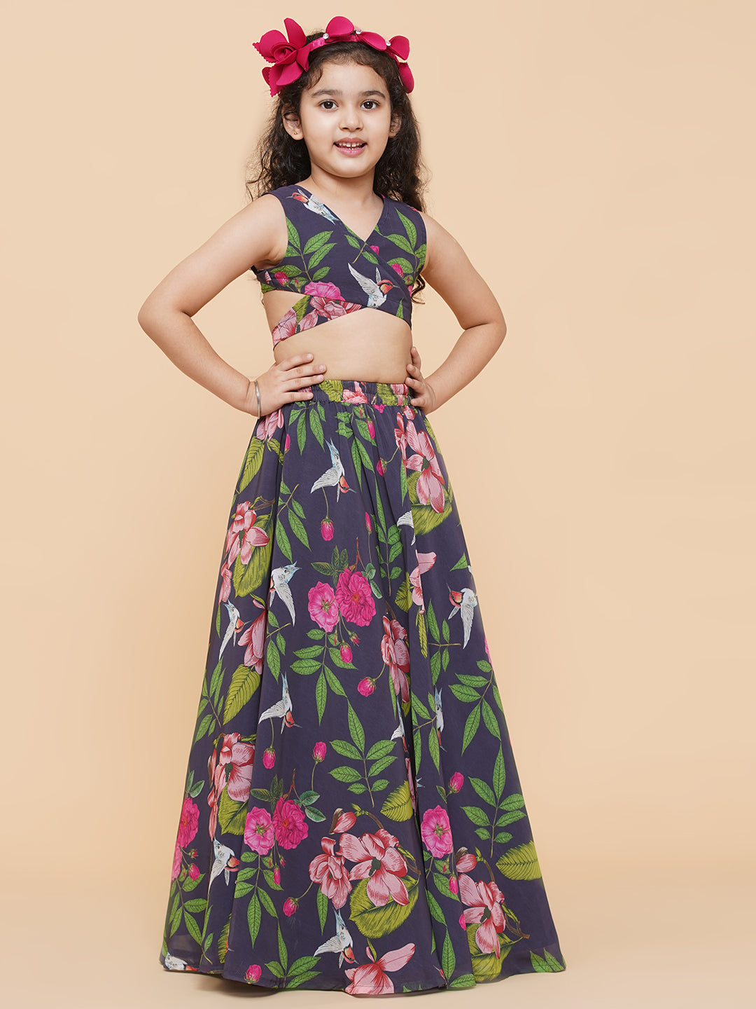 Girls Blue Flower Digital Print Ready To Wear Lehenga Choli for Kids - Bhama - Distacart