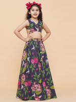 Thumbnail for Girls Blue Flower Digital Print Ready To Wear Lehenga Choli for Kids - Bhama - Distacart