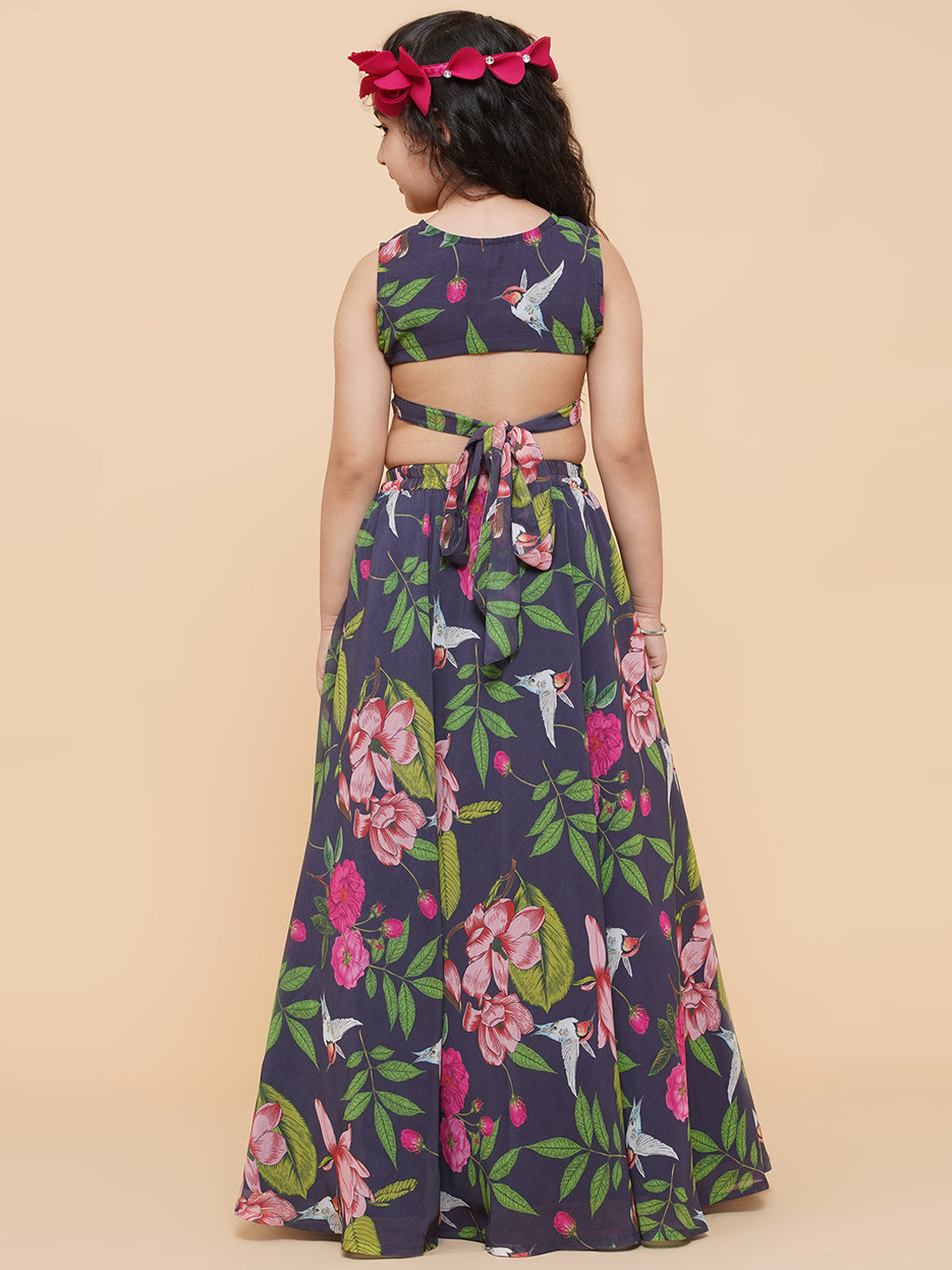 Girls Blue Flower Digital Print Ready To Wear Lehenga Choli for Kids - Bhama - Distacart