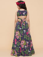 Thumbnail for Girls Blue Flower Digital Print Ready To Wear Lehenga Choli for Kids - Bhama - Distacart