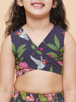 Thumbnail for Girls Blue Flower Digital Print Ready To Wear Lehenga Choli for Kids - Bhama - Distacart