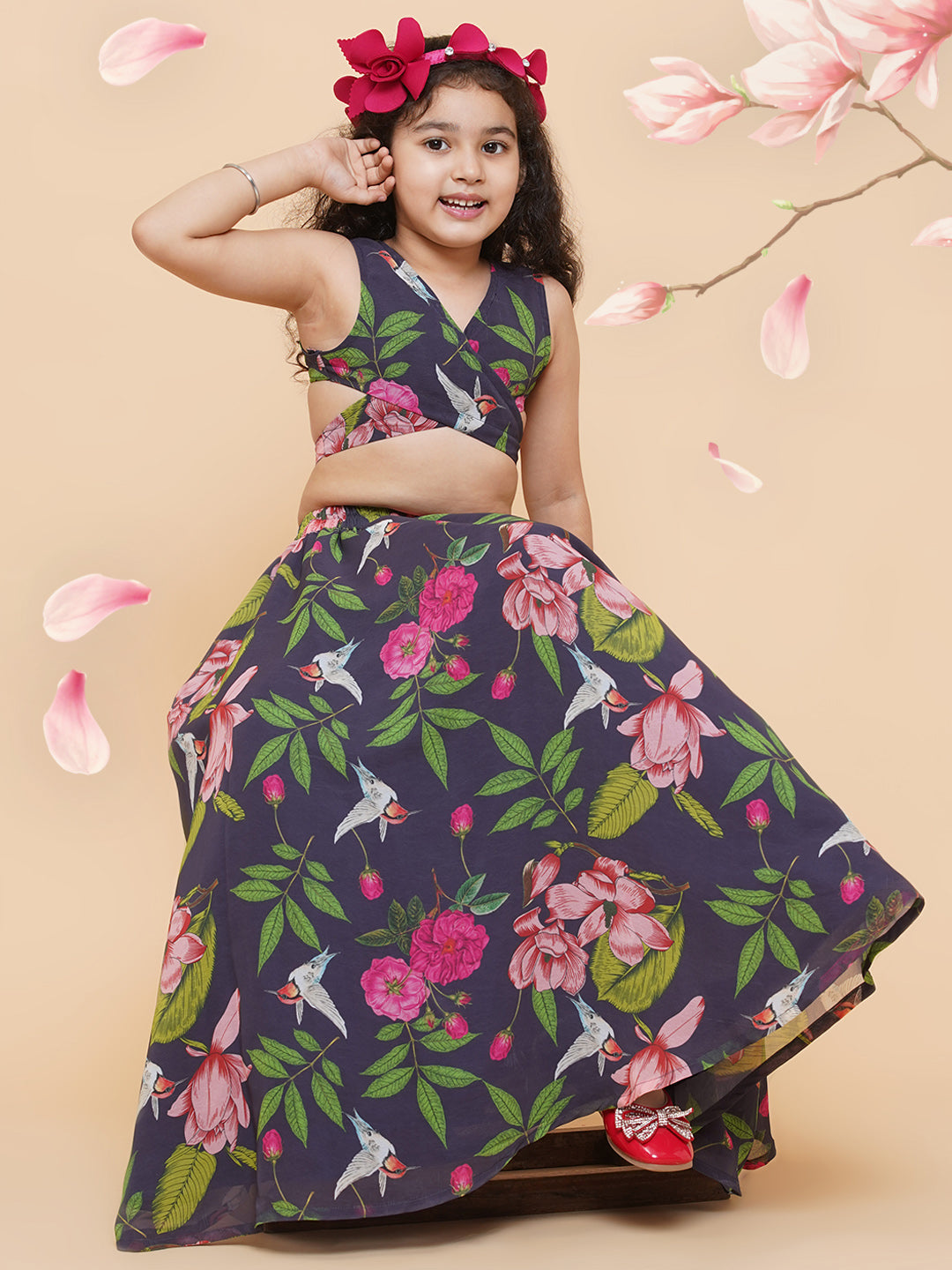 Girls Blue Flower Digital Print Ready To Wear Lehenga Choli for Kids - Bhama - Distacart