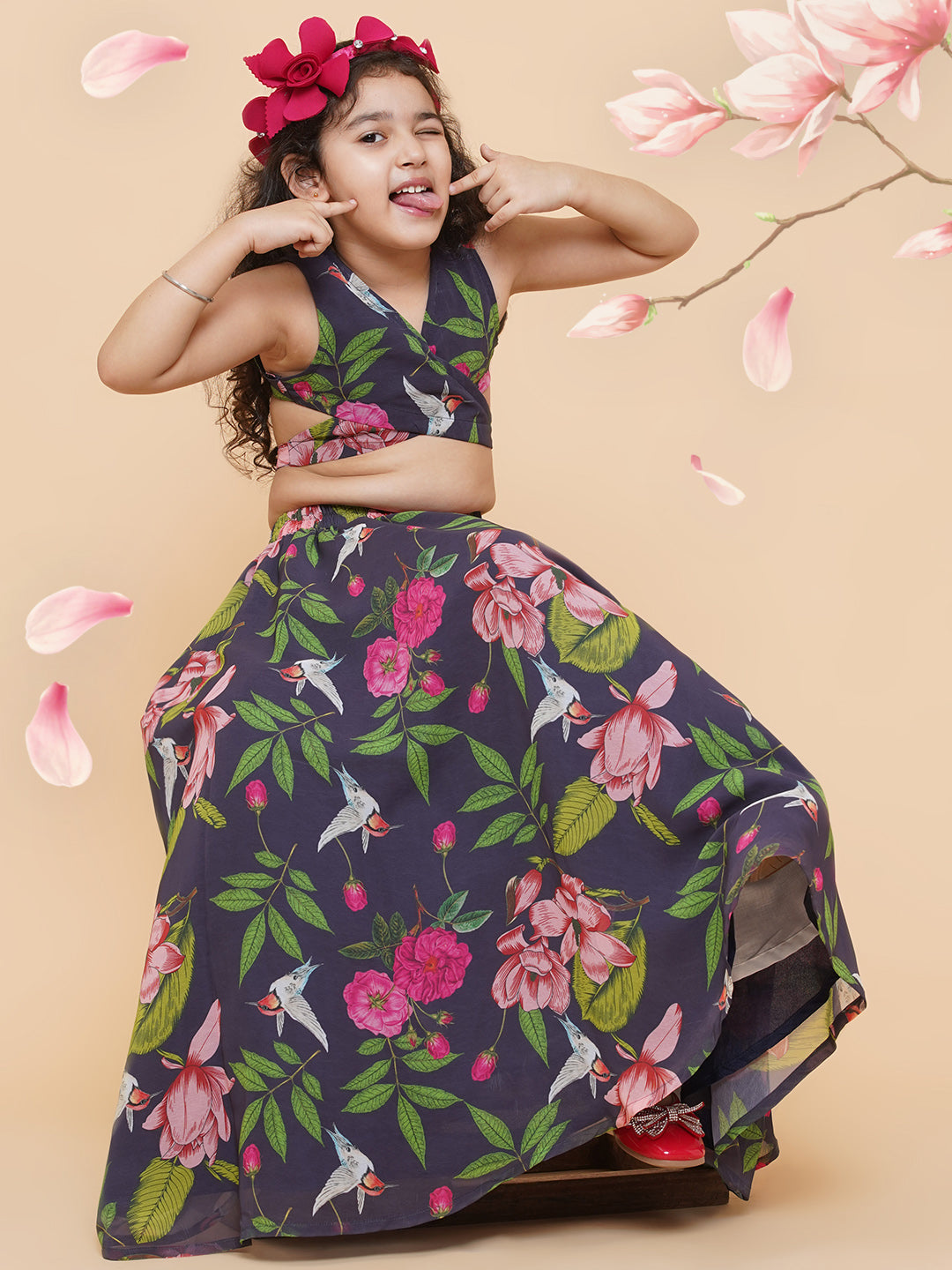 Girls Blue Flower Digital Print Ready To Wear Lehenga Choli for Kids - Bhama - Distacart