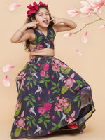 Thumbnail for Girls Blue Flower Digital Print Ready To Wear Lehenga Choli for Kids - Bhama - Distacart