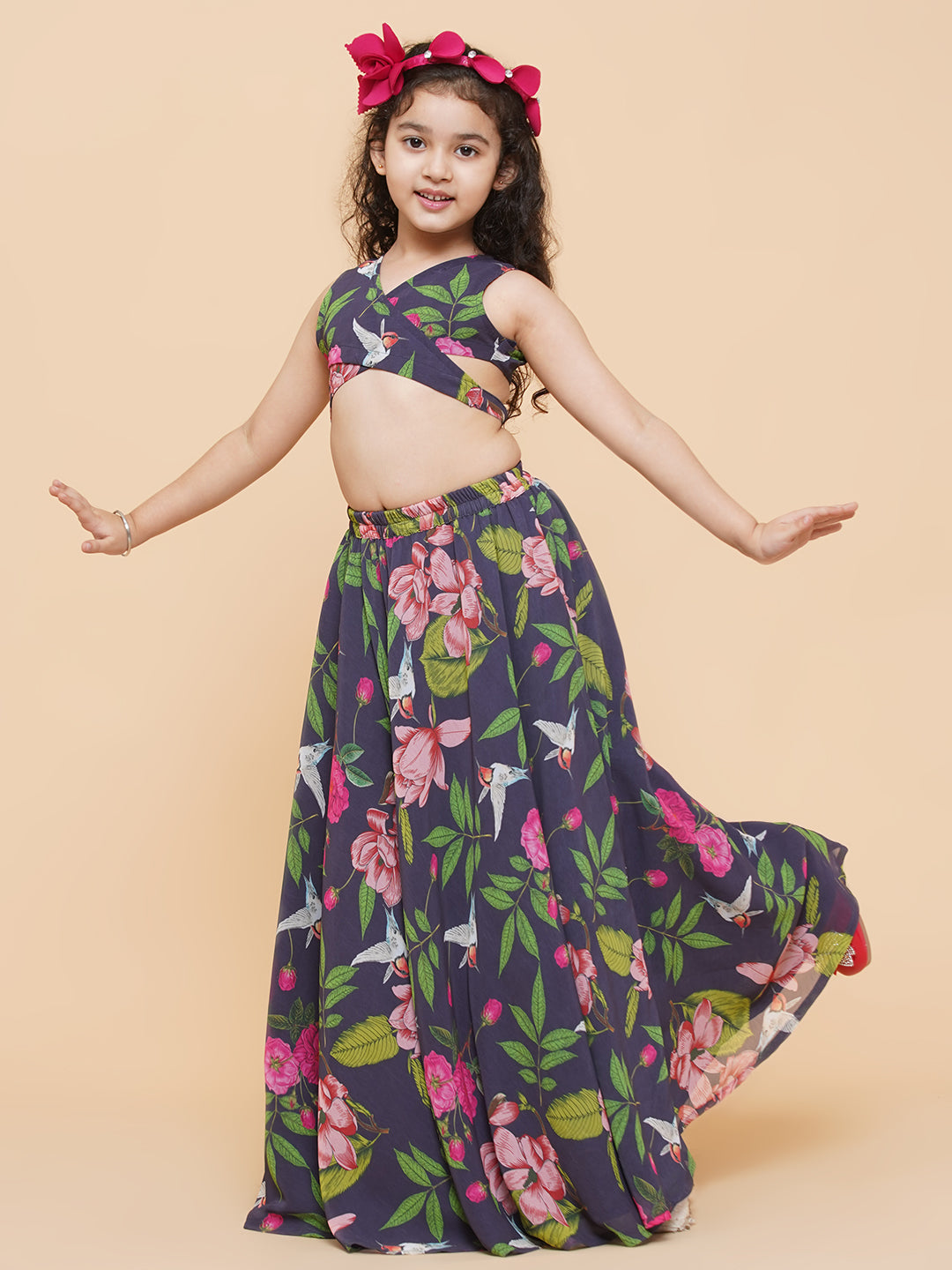 Girls Blue Flower Digital Print Ready To Wear Lehenga Choli for Kids - Bhama - Distacart
