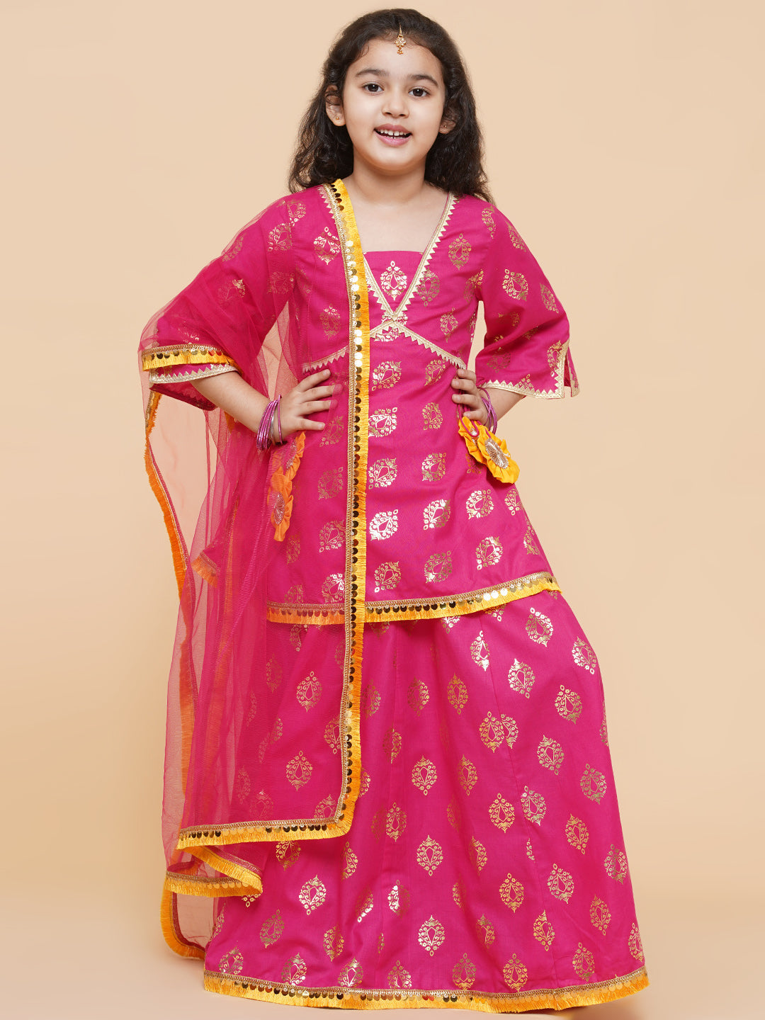 Girls Pink Foil Printed Ready To Wear Lehenga & Blouse With Dupatta for Kids - Bhama - Distacart