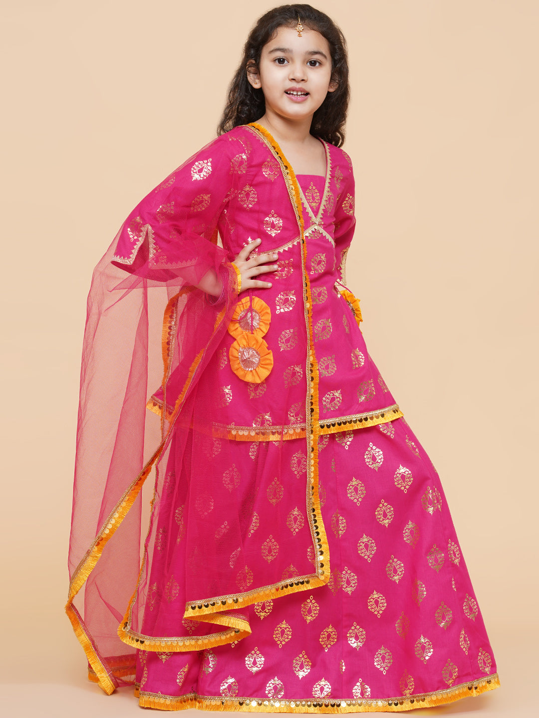 Girls Pink Foil Printed Ready To Wear Lehenga & Blouse With Dupatta for Kids - Bhama - Distacart