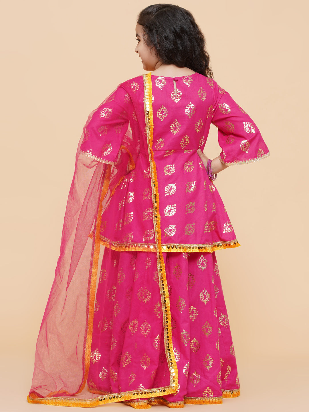 Girls Pink Foil Printed Ready To Wear Lehenga & Blouse With Dupatta for Kids - Bhama - Distacart