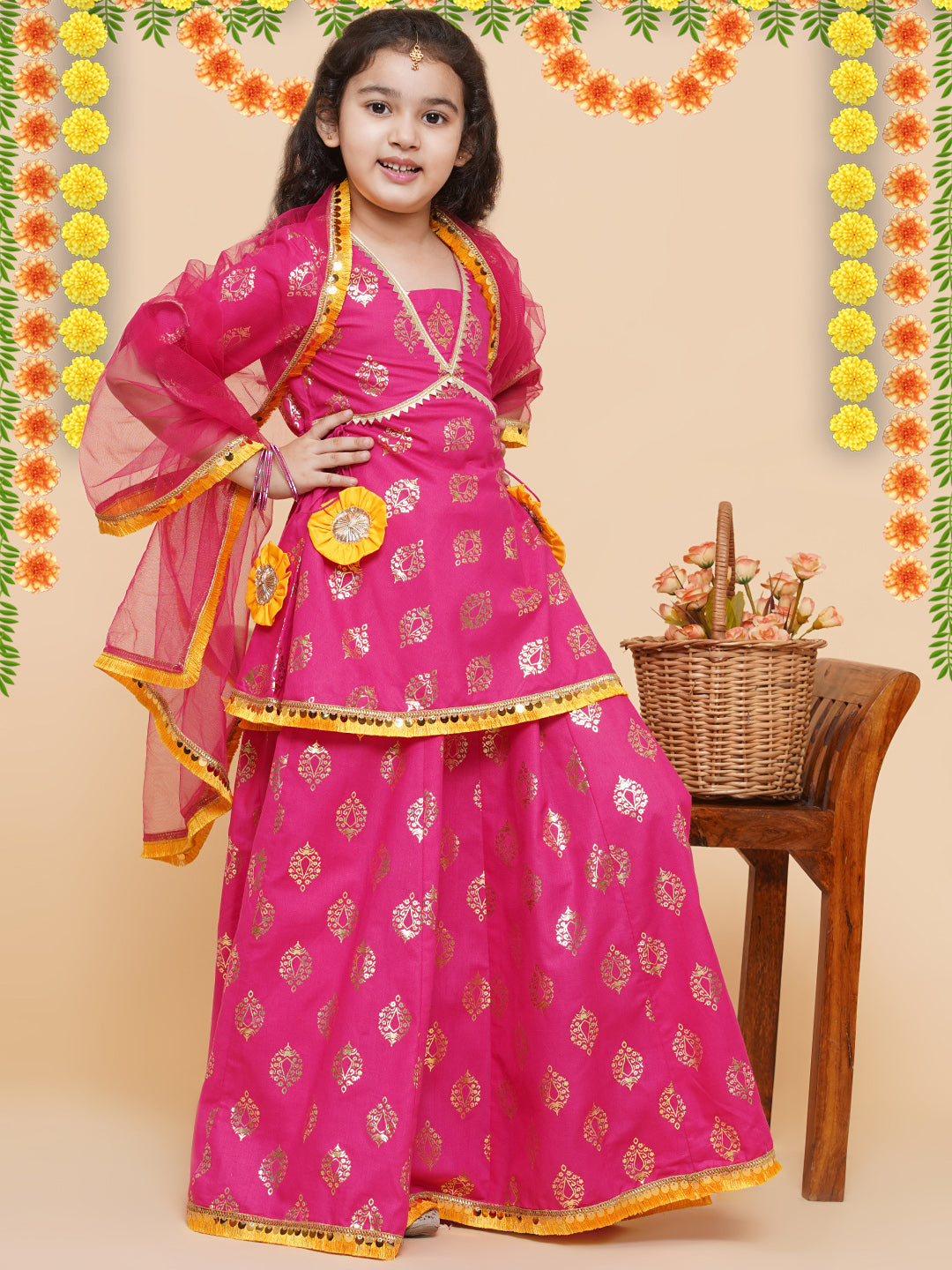 Girls Pink Foil Printed Ready To Wear Lehenga & Blouse With Dupatta for Kids - Bhama - Distacart