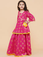 Thumbnail for Girls Pink Foil Printed Ready To Wear Lehenga & Blouse With Dupatta for Kids - Bhama - Distacart