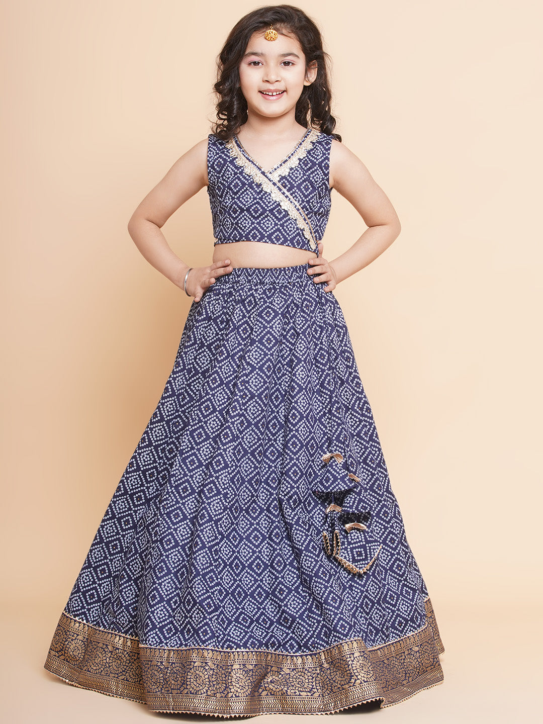 Girls Navy Bandhej Printed Lace Work Ready To Wear Choli With Lehenga for Kids - Bhama - Distacart