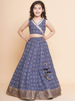Thumbnail for Girls Navy Bandhej Printed Lace Work Ready To Wear Choli With Lehenga for Kids - Bhama - Distacart