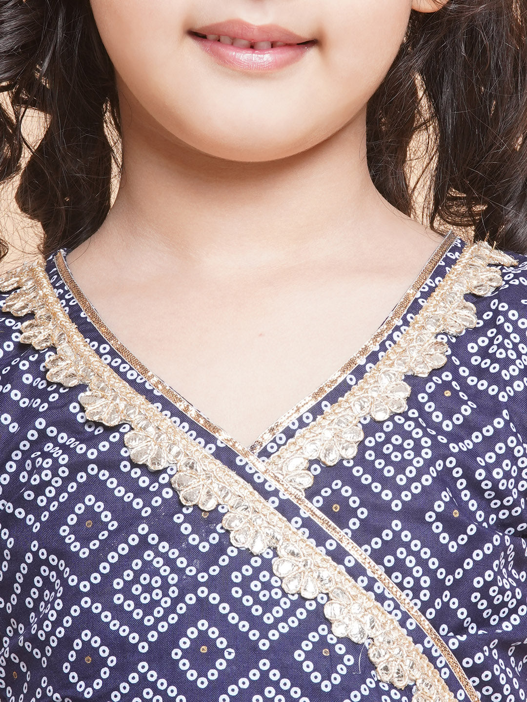 Girls Navy Bandhej Printed Lace Work Ready To Wear Choli With Lehenga for Kids - Bhama - Distacart