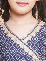 Thumbnail for Girls Navy Bandhej Printed Lace Work Ready To Wear Choli With Lehenga for Kids - Bhama - Distacart