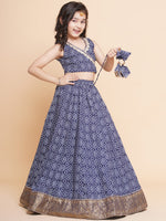 Thumbnail for Girls Navy Bandhej Printed Lace Work Ready To Wear Choli With Lehenga for Kids - Bhama - Distacart