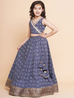Thumbnail for Girls Navy Bandhej Printed Lace Work Ready To Wear Choli With Lehenga for Kids - Bhama - Distacart