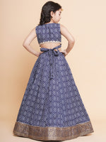 Thumbnail for Girls Navy Bandhej Printed Lace Work Ready To Wear Choli With Lehenga for Kids - Bhama - Distacart