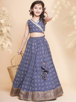 Thumbnail for Girls Navy Bandhej Printed Lace Work Ready To Wear Choli With Lehenga for Kids - Bhama - Distacart