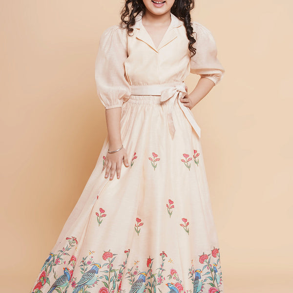 Girls Beige Peacock Printed Ready to wear Lehenga with Choli for Kids - Bhama - Distacart